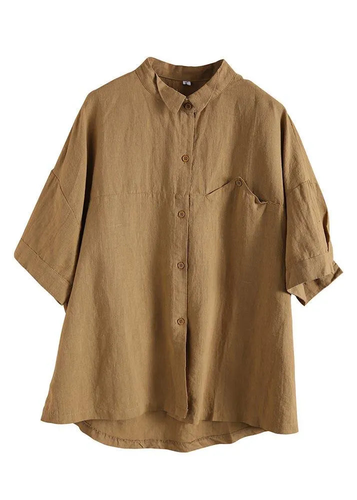 Yellow Peter Pan Collar Asymmetrical Design Cotton Linen Shirts Summer
