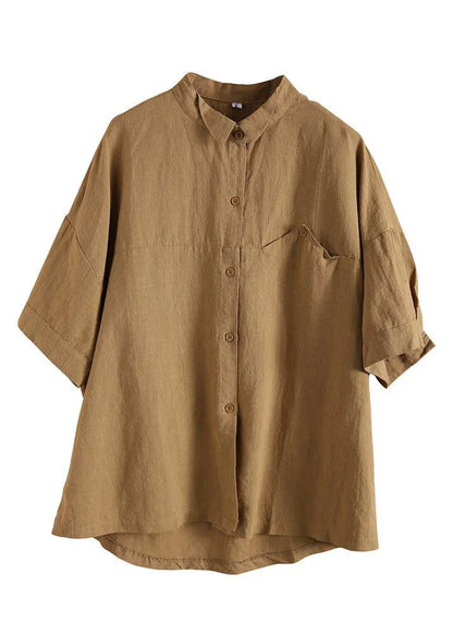 Yellow Peter Pan Collar Asymmetrical Design Cotton Linen Shirts Summer