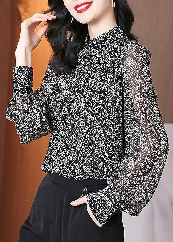 Black Stand Collar Print Chiffon Blouses Long Sleeve