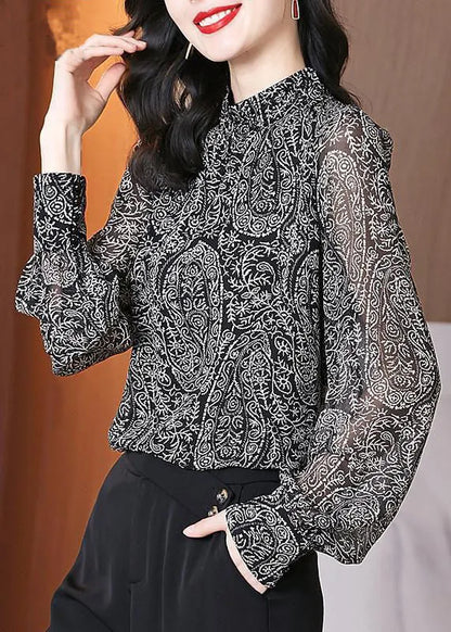 Black Stand Collar Print Chiffon Blouses Long Sleeve