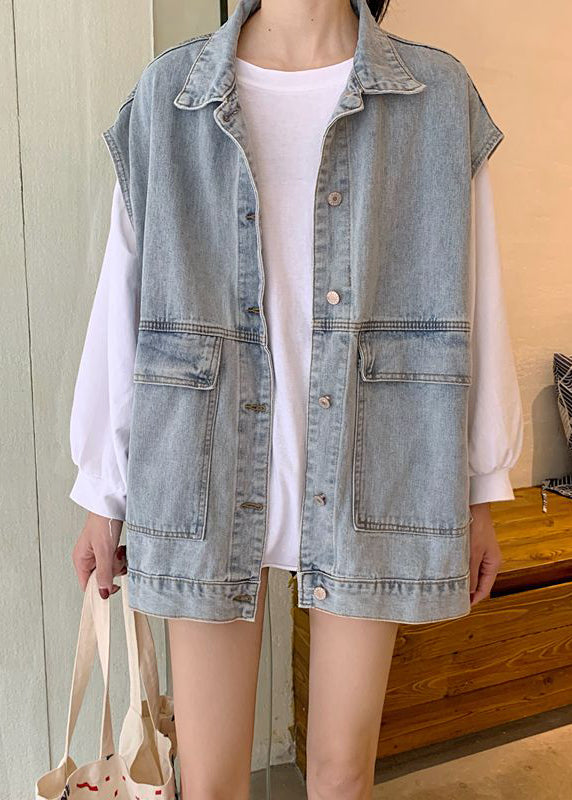Diy Denim Blue Peter Pan Collar Pockets Patchwork Waistcoat Sleeveless