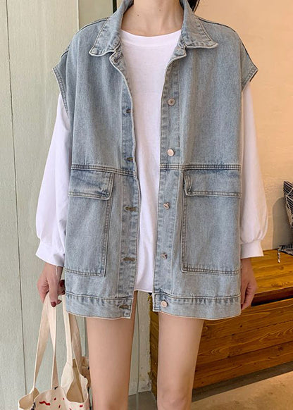 Diy Denim Blue Peter Pan Collar Pockets Patchwork Waistcoat Sleeveless