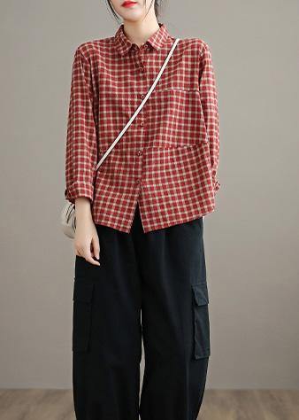Loose Lapel Patchwork Spring Blouse Sleeve Red Plaid Top