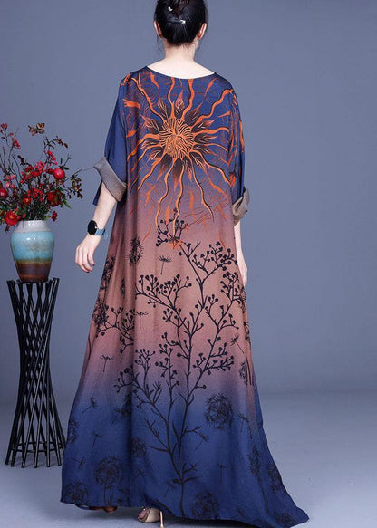 Chocolate Retro Print a Line Summer Silk Maxi Dresses