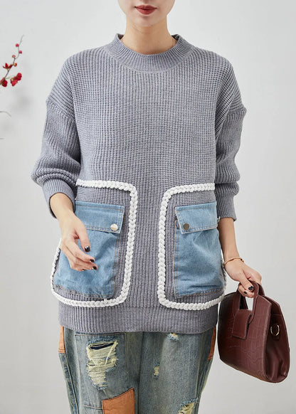 Grey Oversized Patchwork Pockets Knit Sweater Tops Winter