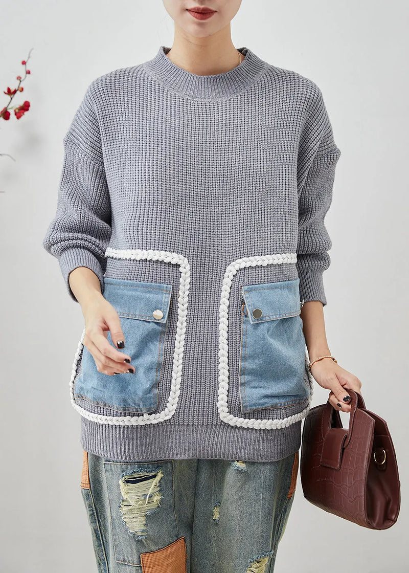 Grey Oversized Patchwork Pockets Knit Sweater Tops Winter