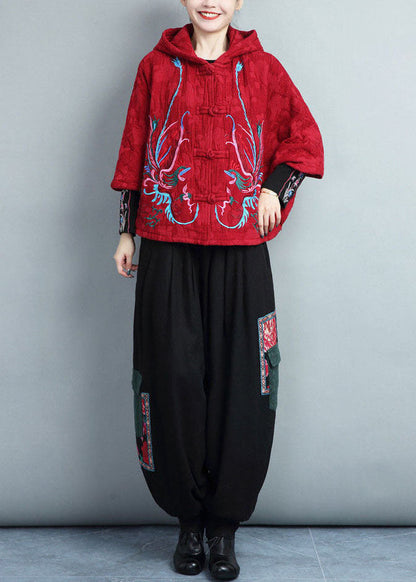 Red Hooded Embroideried Warm Fleece Coat Batwing Sleeve