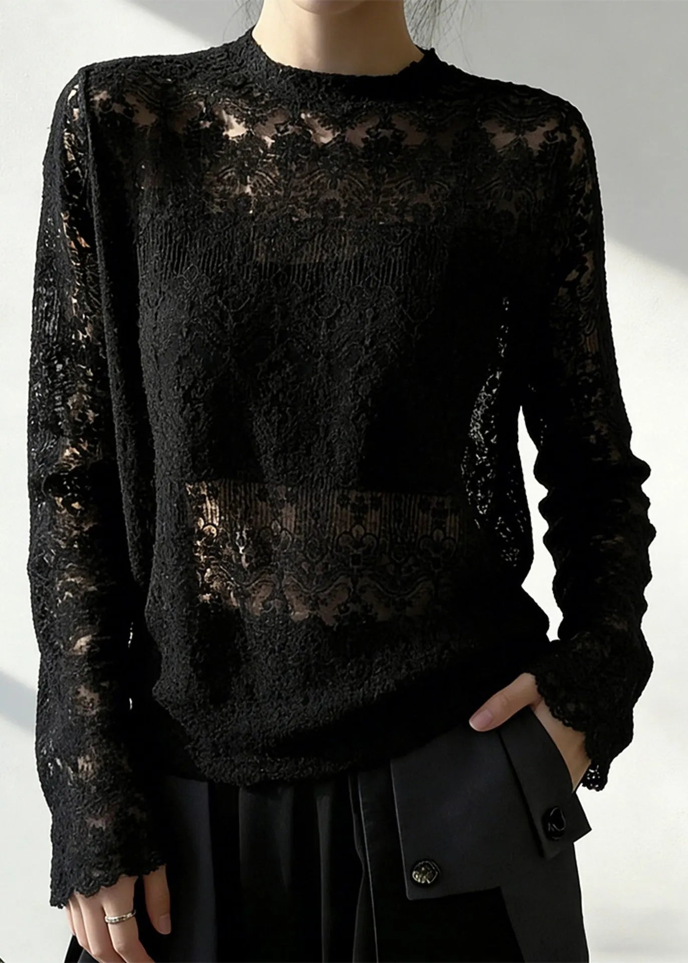 Black Jacquard Hollow Out Lace Top Spring