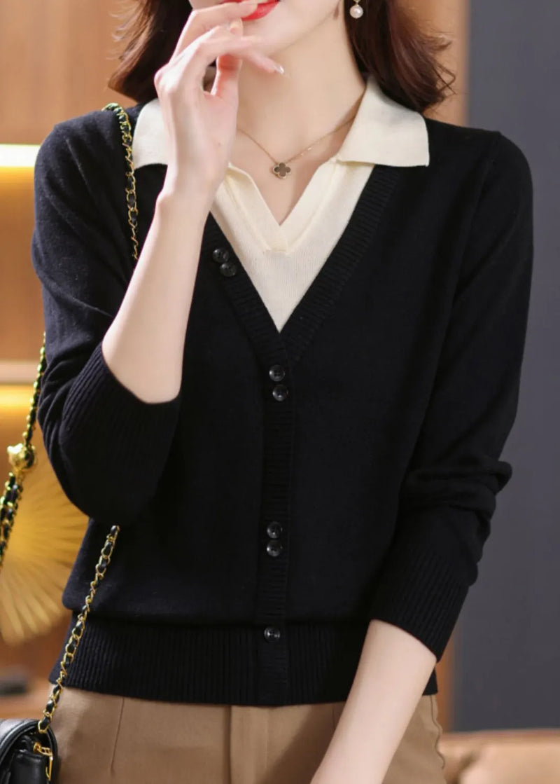 Green Peter Pan Collar False Two Pieces Patchwork Knit Sweaters Fall
