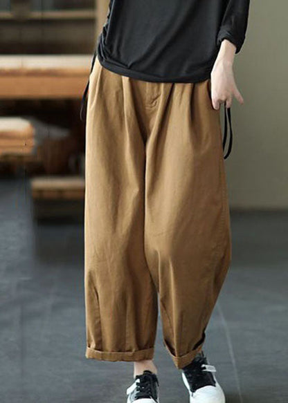 Dark Khaki Pockets Patchwork Cotton Pants Summer