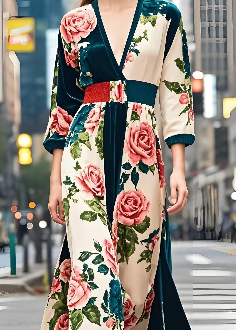 Peacock Green Cinched Print Silk Velour Dress Spring
