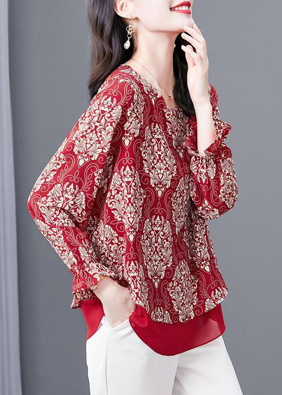 Red O Neck Print Patchwork Chiffon Blouses Flare Sleeve
