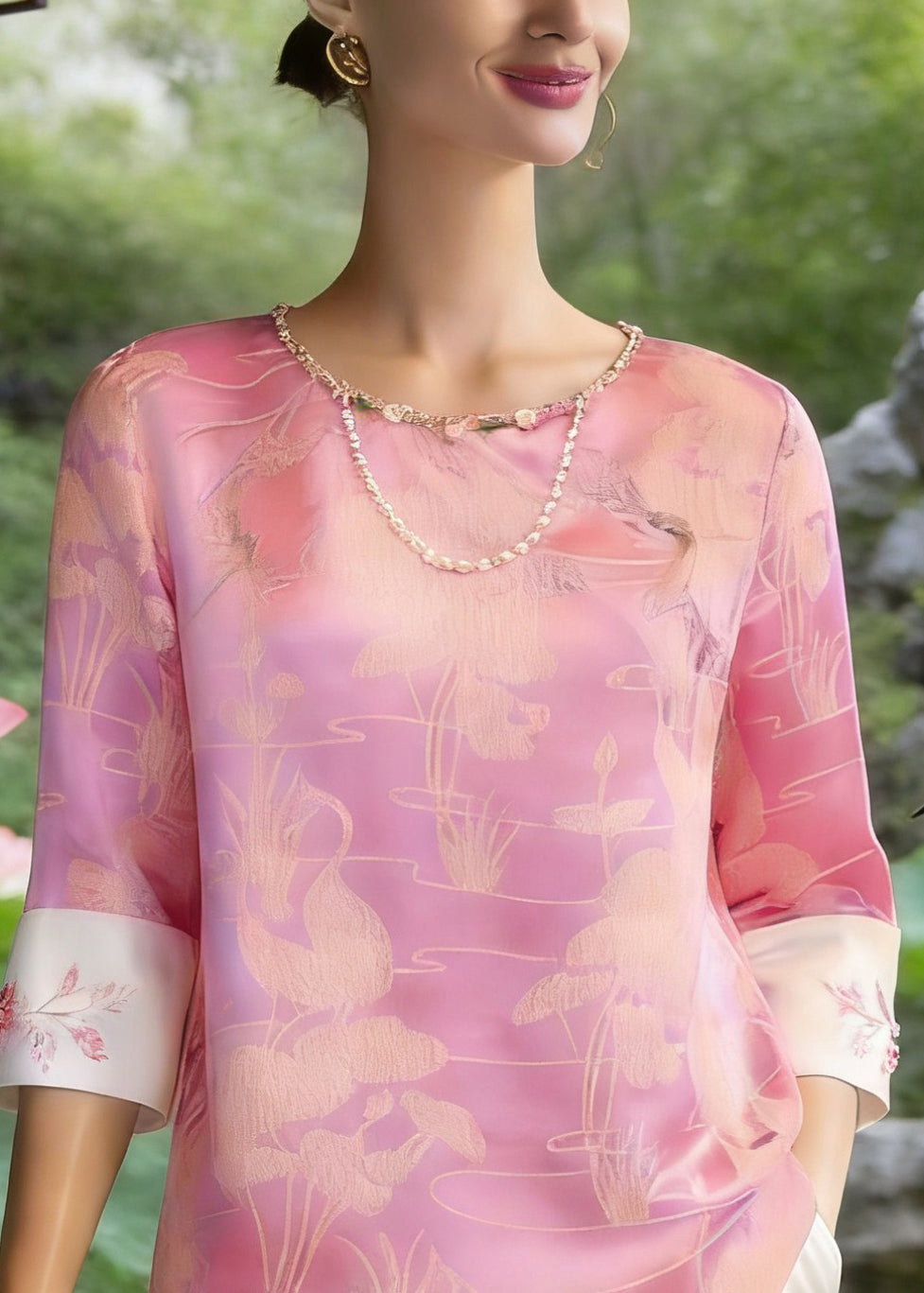 Chinese Style Pink O-neck Print Silk T Shirt Three Quarter Sleeve