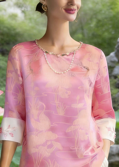 Chinese Style Pink O-neck Print Silk T Shirt Three Quarter Sleeve