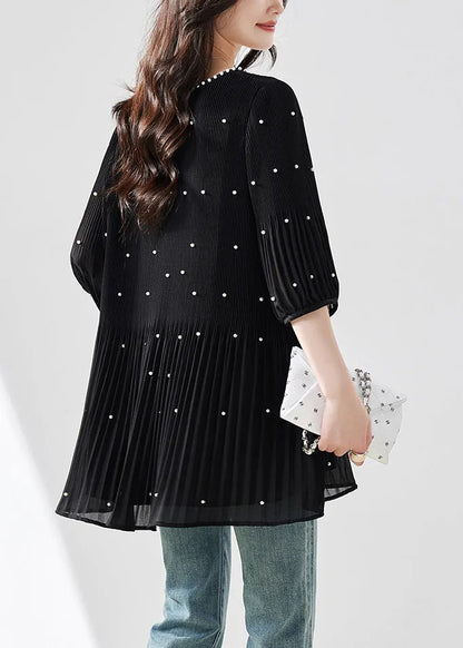 Loose Black O-neck Nail Bead Chiffon T Shirt Summer