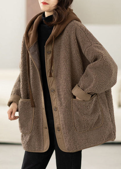 Coffee Patchwork Button Thick Faux Fur Hooded Coats Winter