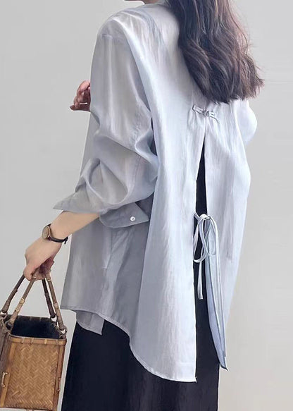 New White Lace Up Button Silk Shirt Long Sleeve Fall