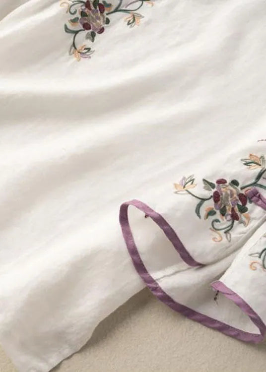 White Embroideried Button Blouse Tops Half Sleeve