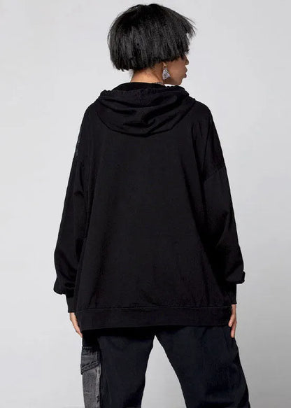 Italian Black Hooded Patchwork Cotton Loose Sweatshirts Top Spring