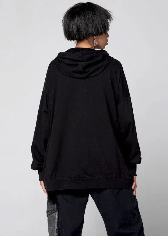 Italian Black Hooded Patchwork Cotton Loose Sweatshirts Top Spring