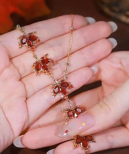 Novelty Red Stainless Steel Overgild Maple Leaves Tassel Pendant Necklace
