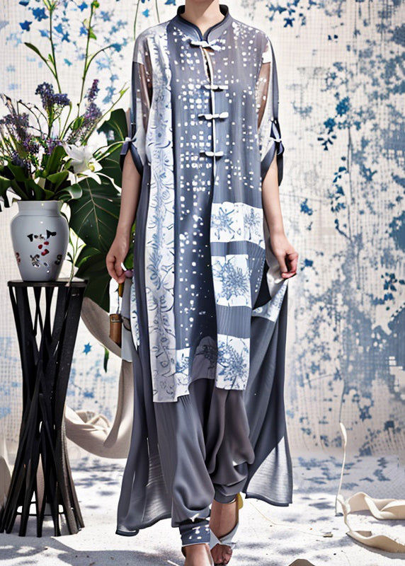 Blue Print Chinese Button Silk Long Dresses Summer