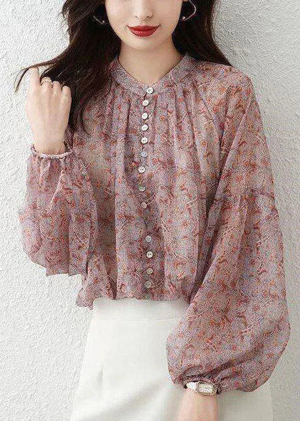 Pink Stand Collar Print Chiffon Shirt Top Lantern Sleeve