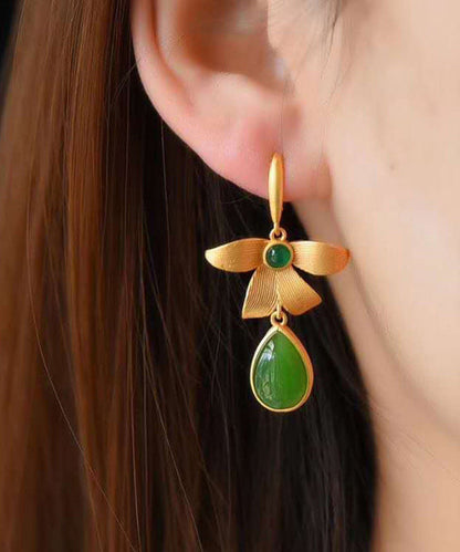 Gold Sterling Silver Overgild Inlaid Jade Drop Earrings