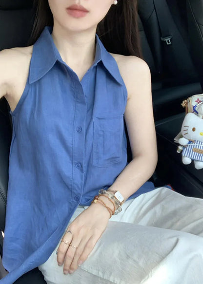 Blue Peter Pan Collar Button Cotton Shirt Tops Sleeveless
