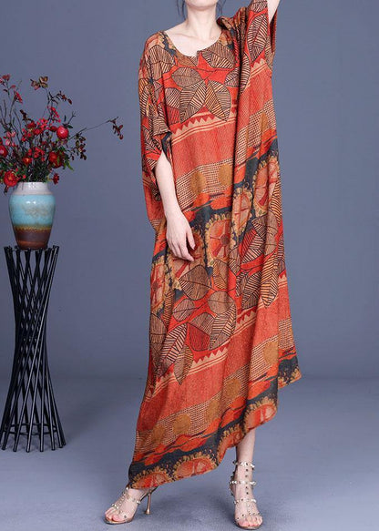 Natural Orange Print O-neck Asymmetrical Design Summer Silk Maxi Dresses