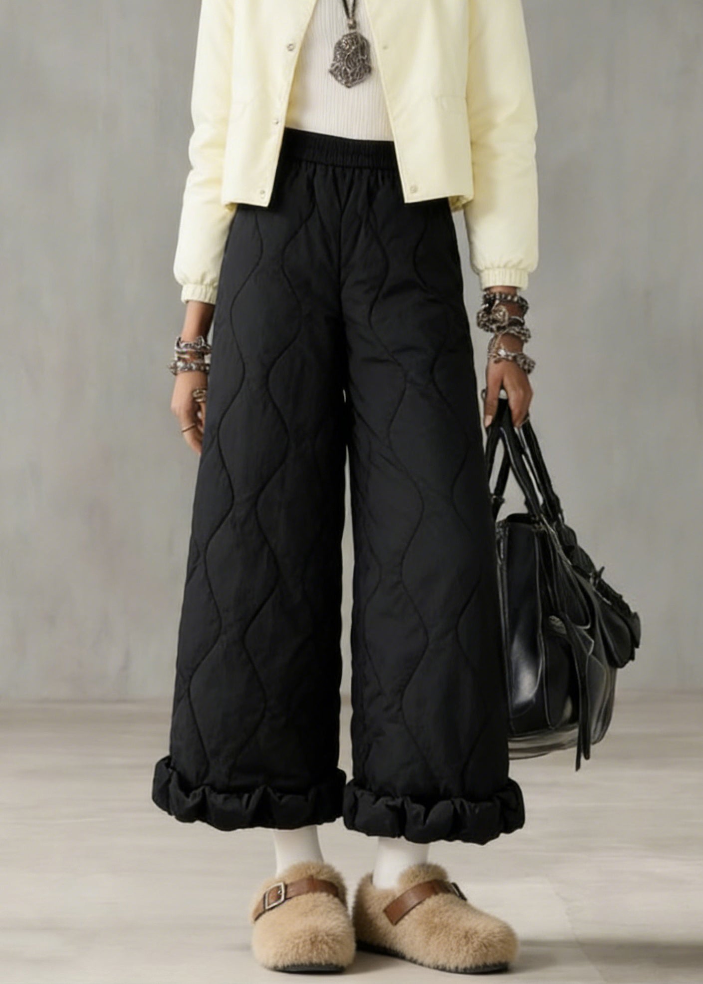 Stylish Beige Elastic Waist Fine Cotton Filled Crop Pants