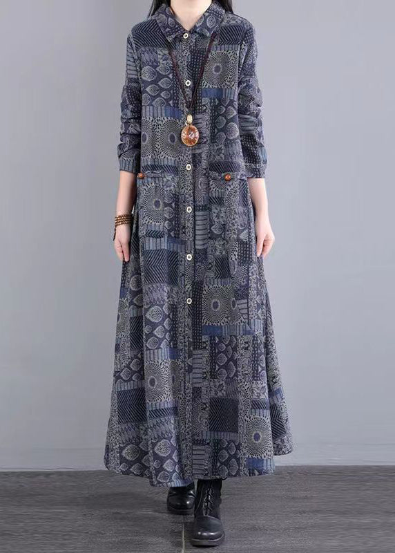 Blue Peter Pan Collar Print Patchwork Warm Fleece Dress Fall