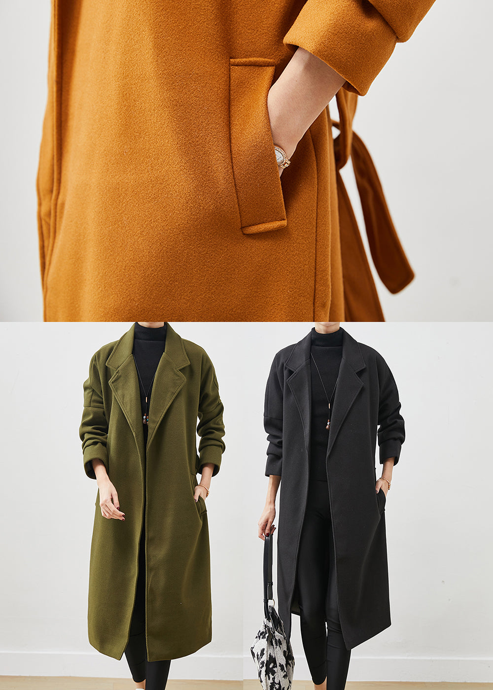 Black Peter Pan Collar Tie Waist Woolen Coats Spring