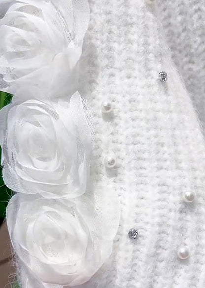 French White O Neck Knit Sweater Dress Spring