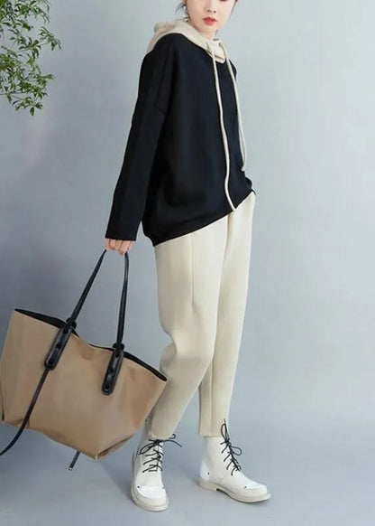 Black Loose Hooded Patchwork Fall Drawstring Sweatshirts Top