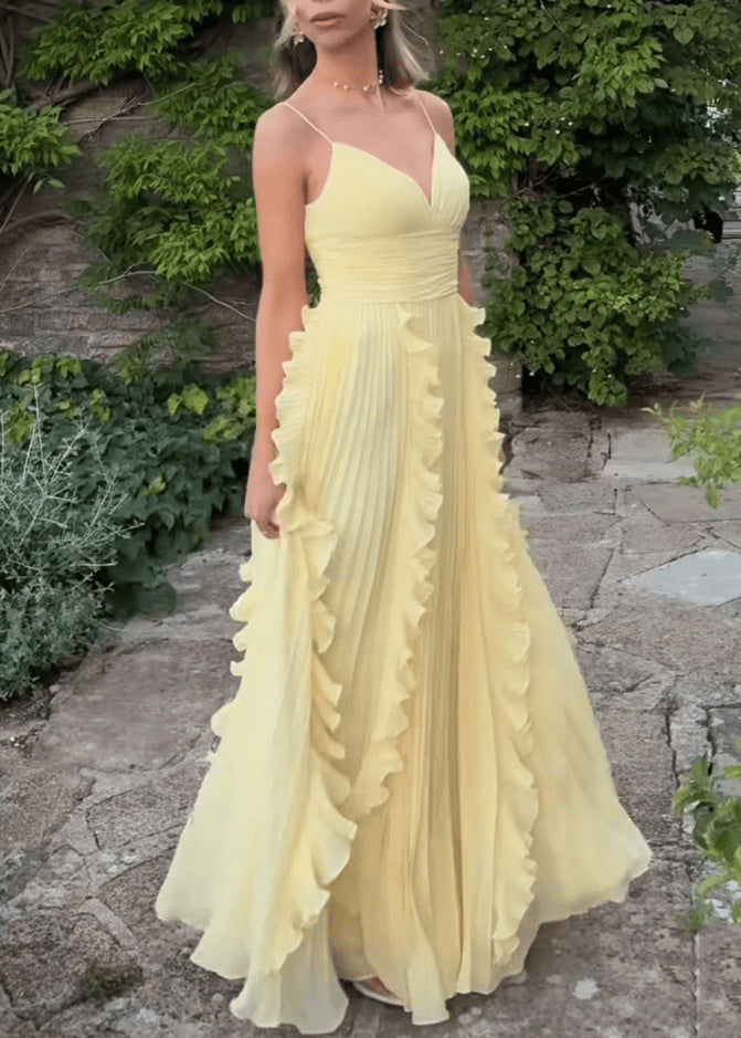 Classy Yellow V Neck Ruffled High Waist Chiffon Spaghetti Strap Dress Sleeveless