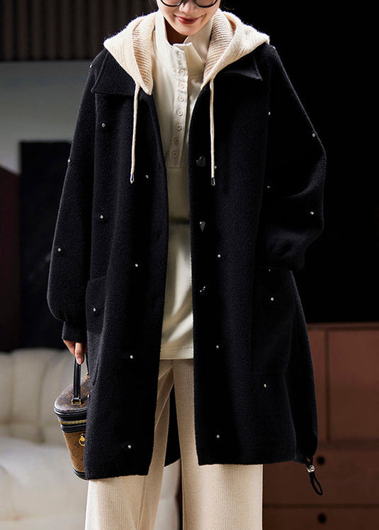 Black Hooded Zircon Patchwork Woolen Coats Spring