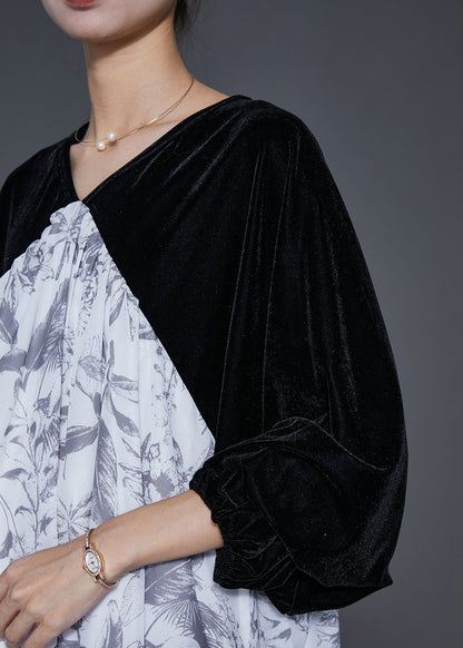 White Oversized Patchwork Silk Velour Chiffon Dress Spring