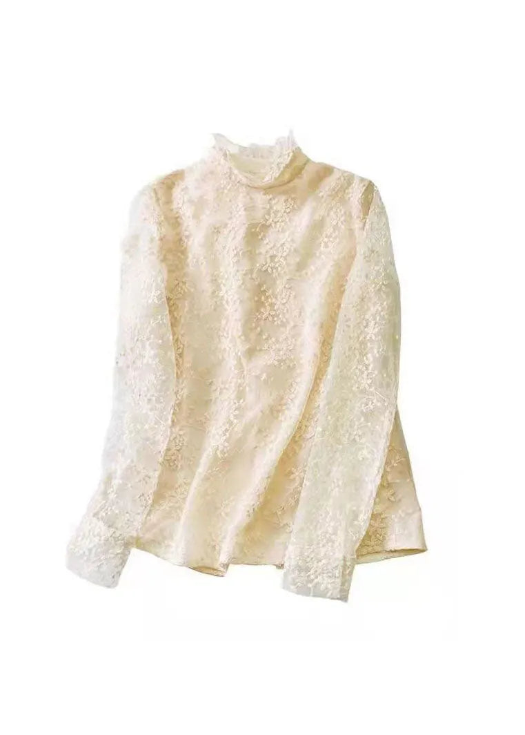 Fitted Milky White Zippered Turtle Neck Lace Tops Spring