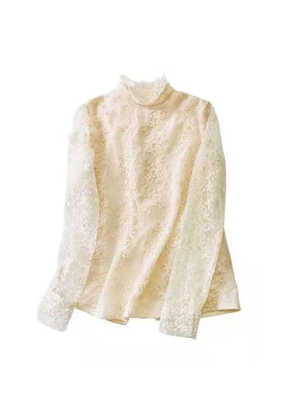 Fitted Milky White Zippered Turtle Neck Lace Tops Spring