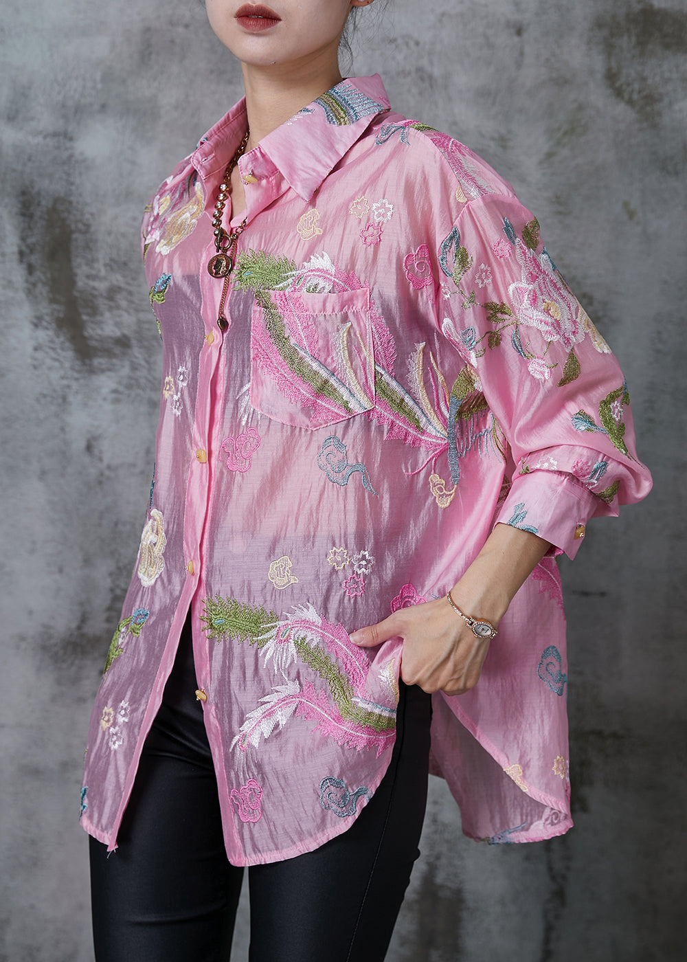 Style Pink Embroidered Linen Silk Upf 50+ Top Summer