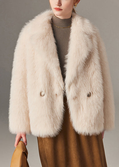 Art Beige Notched Button Leather and Fur Coats Winter
