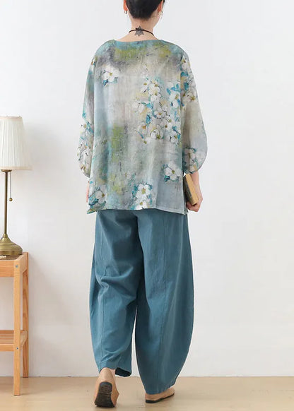 Boutique Blue Green Print Button Linen Shirt Tops Three Quarter Sleeve