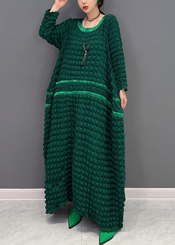 Italian Green O-neck Loose Wrinkled Silk Dresses Spring