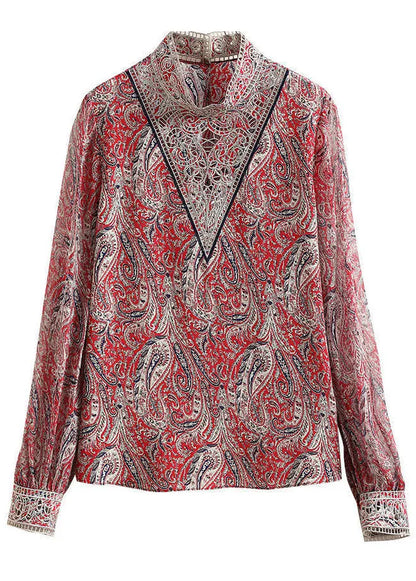 Red Stand Collar Embroideried Print Chiffon Top Lantern Sleeve