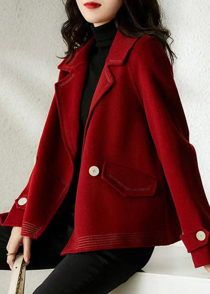 Wine Red Peter Pan Collar Button Patchwork Woolen Coats Fall