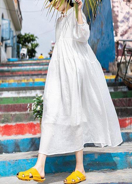 White Peter Pan Collar Button Vacation Summer Linen Dress