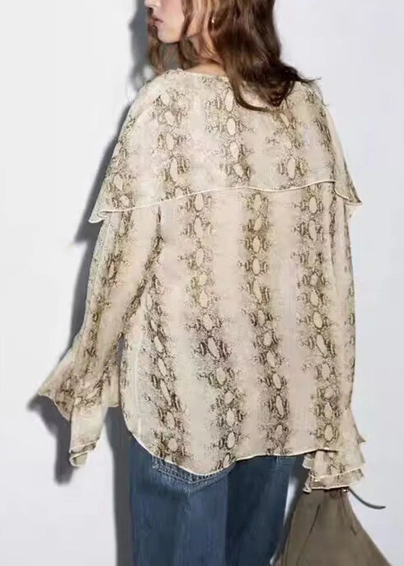 Original Design V Neck Print Chiffon Shirt Flare Sleeve