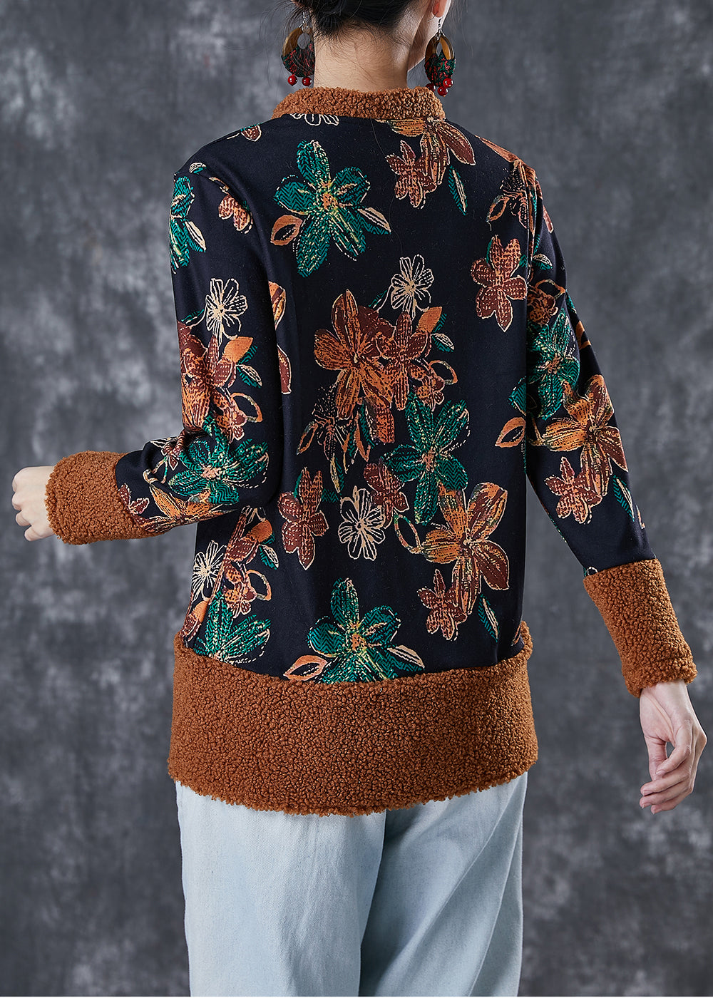 Black Print Patchwork Warm Fleece Coats Winter