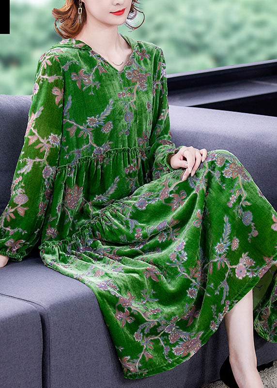 Green Ruffled Patchwork Velour Dresses Spring